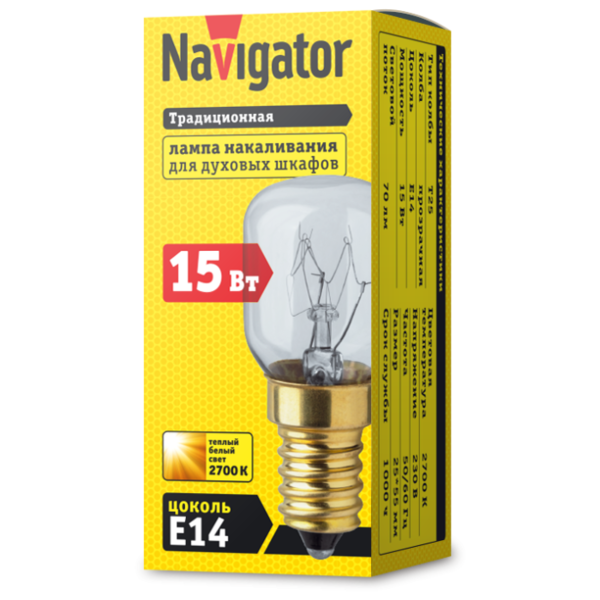 Лампа накаливания для бытовой техники Navigator 61207, E14, T25, 15Вт