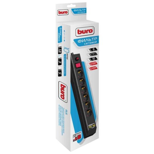 Сетевой фильтр Buro BU-SP3_USB_2A-B, 6 розеток, 3 м, с/з, 10А / 2200 Вт