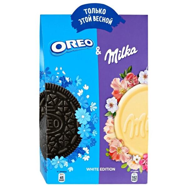 Печенье Milka + Oreo с какао и начинкой с ванильным вкусом и вафли с начинкой какао покрытые белым шоколадом, 174 г
