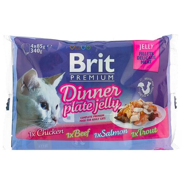 Корм для кошек Brit Premium Dinner Plate с курицей, с лососем, с говядиной, с форелью 85 г (кусочки в желе)