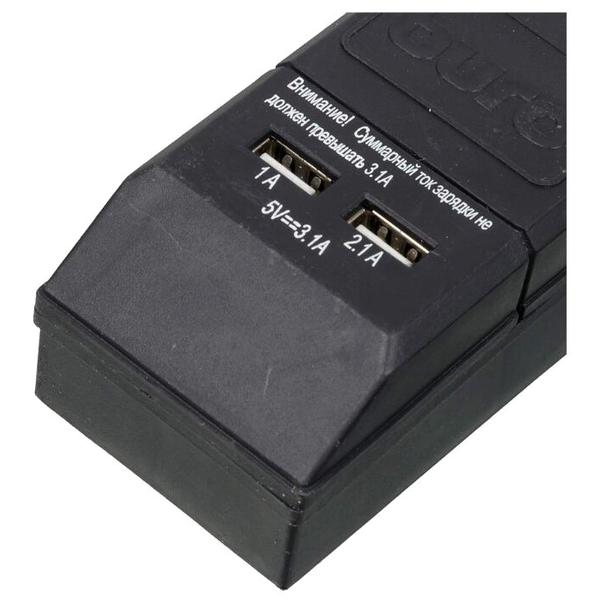 Сетевой фильтр Buro BU-SP5_USB_2A-B, 6 розеток, 5 м, с/з, 10А / 2200 Вт