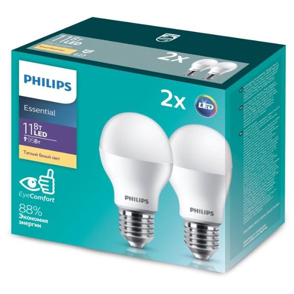 Упаковка светодиодных ламп 2 шт Philips Essential LED 3000К, E27, A55, 11Вт
