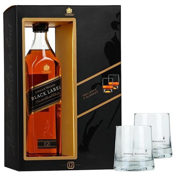 Виски Johnnie Walker Black Label 12 лет 0.7 л, + 2 стакана, подарочная упаковка