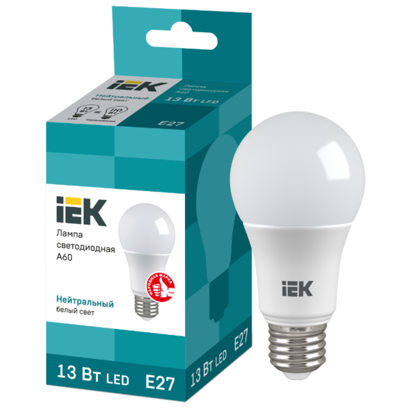 Лампа светодиодная IEK ECO 4000K, E27, A60, 13Вт