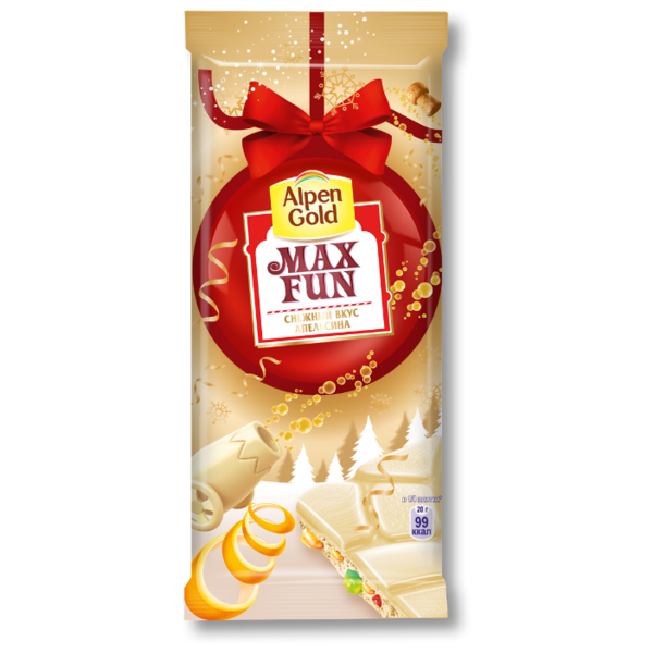 Шоколад Alpen Gold Max Fun Снежный вкус апельсина белый со взрывной карамелью, мармеладом, разноцветным драже и карамелью со вкусом апельсина