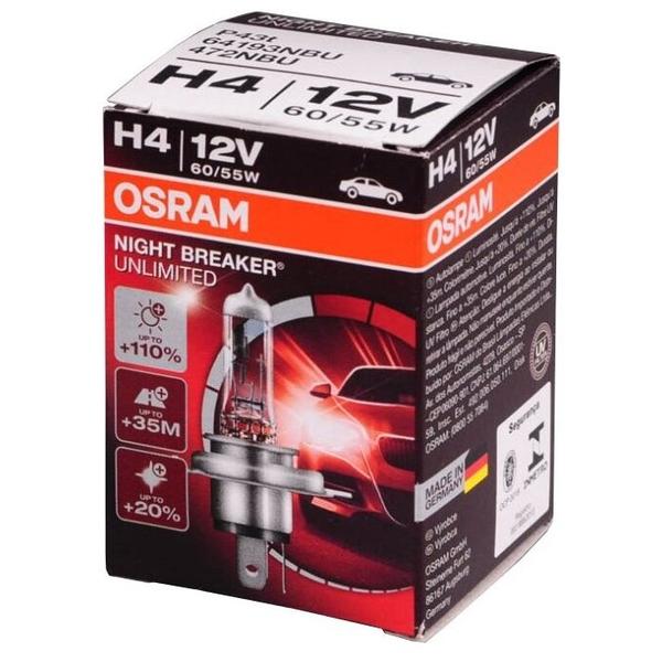 Лампа автомобильная галогенная Osram NIGHT BREAKER UNLIMITED 64193NBU H4 +110% 60/55W 1 шт.