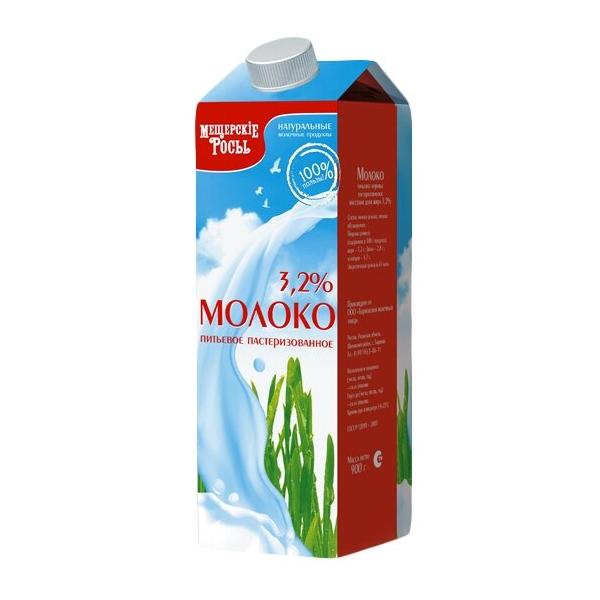 Молоко Мещёрские росы пастеризованное 3.2%, 0.9 л