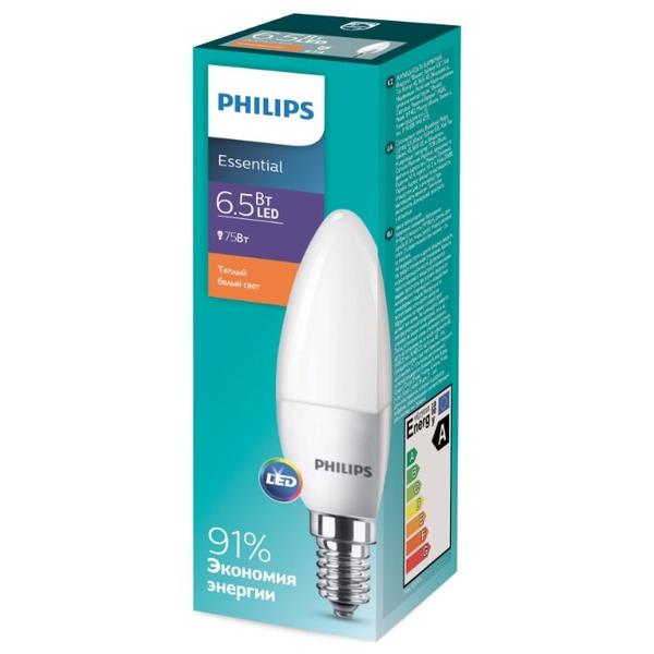 Лампа светодиодная Philips Essential LED 3000К, E14, B35, 6.5Вт