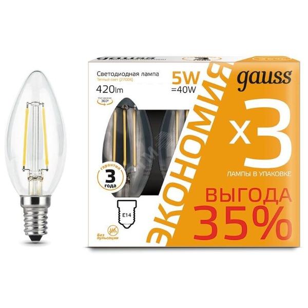 Упаковка светодиодных ламп 3 шт gauss 103801105T, E14, C35, 5Вт