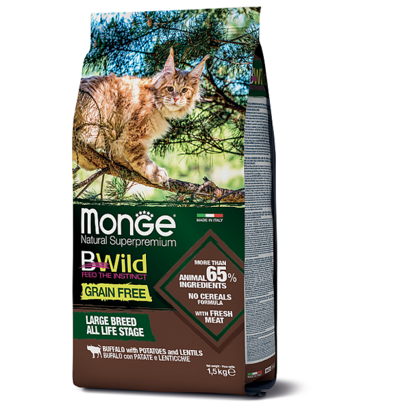 Корм для кошек Monge BWILD Feed the Instinct для крупных пород беззерновой, с буйволом и с картофелем, с чечевицей