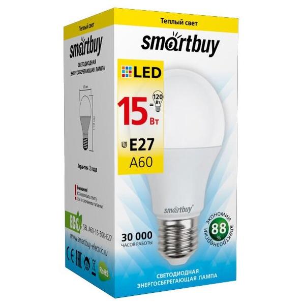 Лампа светодиодная SmartBuy SBL 3000K, E27, A60, 15Вт