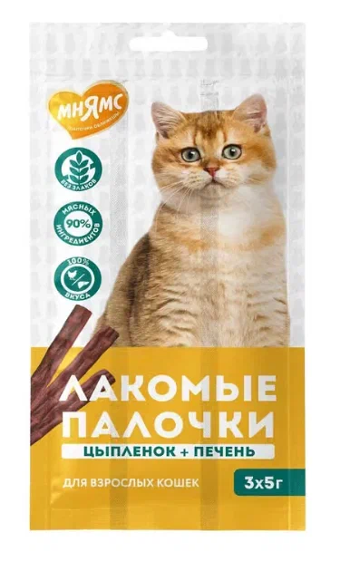 Лакомство Мнямс лакомые палочки для кошек из цыпленка и печени 3х5 г 