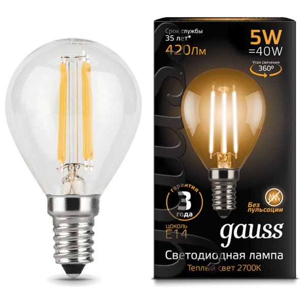 Лампа светодиодная gauss 105801105, E14, G45, 5Вт