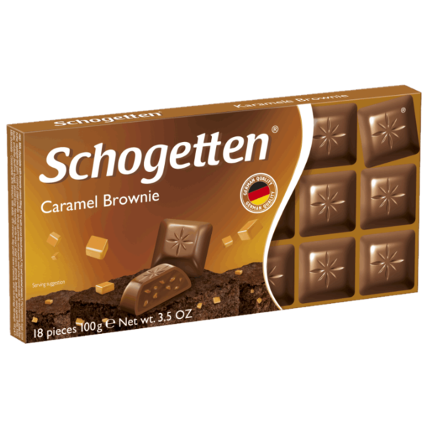 Шоколад Schogetten Caramel Brownie молочный с начинкой из крема брауни, печенья с какао и карамелью порционный, 30% какао