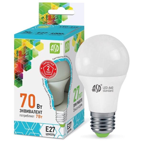 Лампа светодиодная ASD LED-STD 4000K, E27, A60, 7Вт