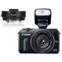 Canon EOS M Kit (black 18Mpx 18-55 IS STM + 22 STM 3 1080p SD Li-Ion, Набор с объективом + Mount Adapter + вспышка Speedlite 90EX)