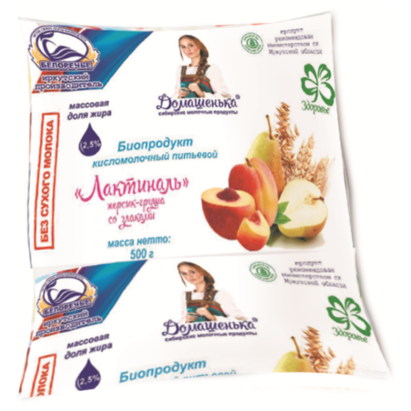 Домашенька Биопродукт Лактиналь персик-груша со злаками 2.5%