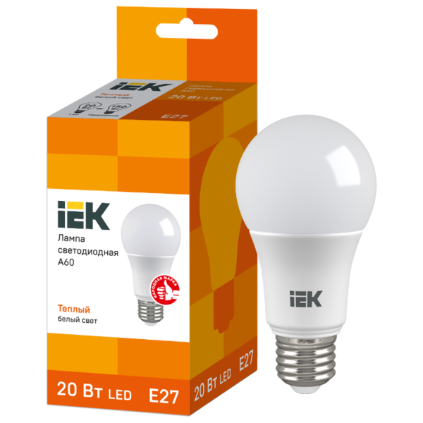 Лампа светодиодная IEK ECO 3000K, E27, A60, 20Вт