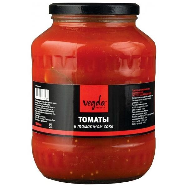 Томаты неочищенные в томатном соке Vegda стеклянная банка 1.5 кг 1.5 л