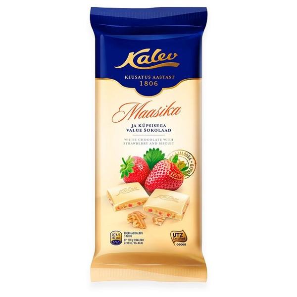 Шоколад Kalev белый с кусочками печенья и клубникой