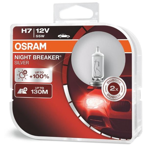 Лампа автомобильная галогенная Osram NIGHT BREAKER SILVER H7 64210NBS-HCB +100% 12V 55W 2 шт.