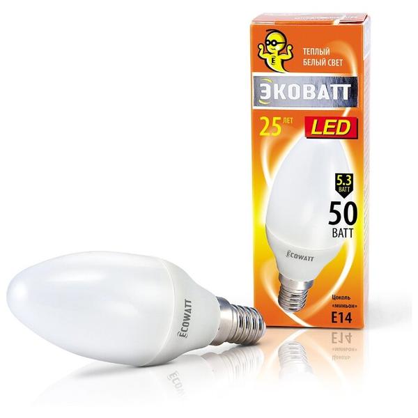 Лампа светодиодная Ecowatt 230В 2700K, E14, B35, 5.3Вт