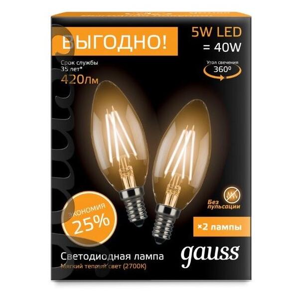 Упаковка светодиодных ламп 2 шт gauss 103801105P, E14, C35, 5Вт