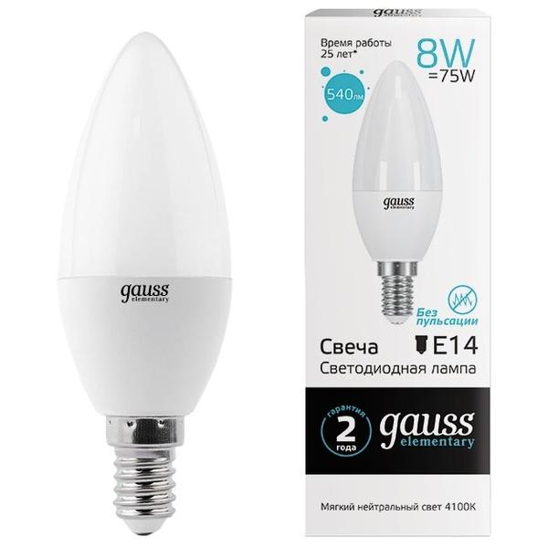 Лампа светодиодная gauss 33128, E14, C37, 8Вт