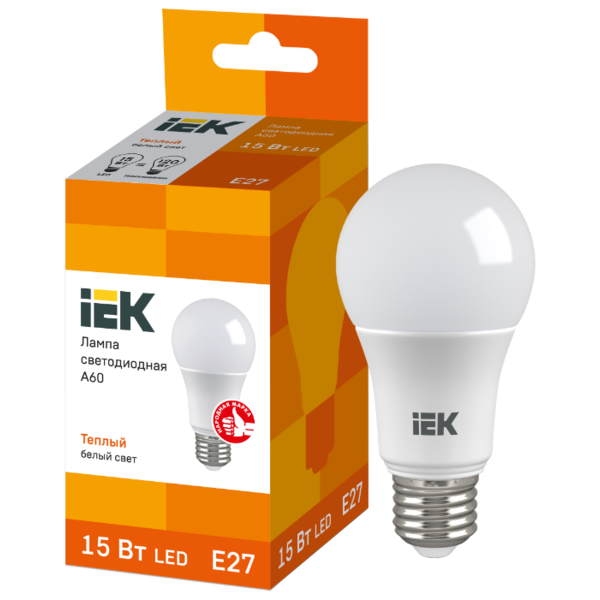 Лампа светодиодная IEK ECO 3000K, E27, А60, 15Вт