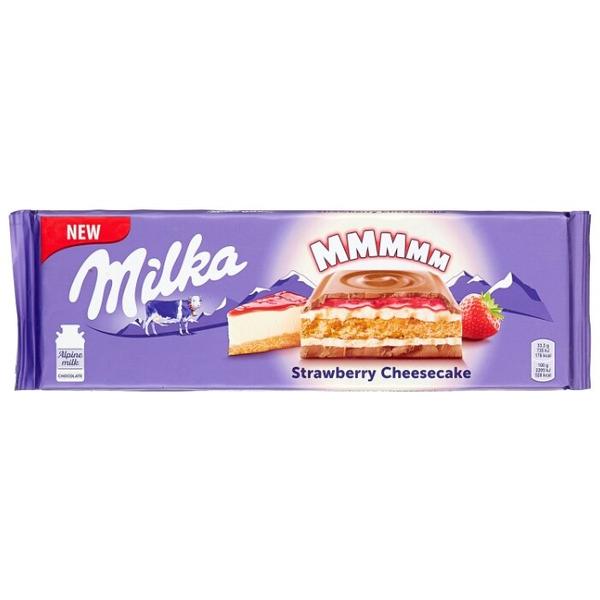 Шоколад Milka Strawberry Cheesecake молочный с начинкой со вкусом чизкейка, клубничной начинкой и печеньем