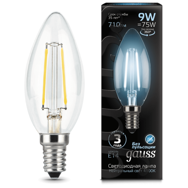 Лампа светодиодная gauss 103801209, E14, C35, 9Вт