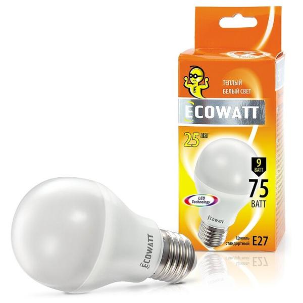 Лампа светодиодная Ecowatt 230V 2700K Warm White, E27, A60, 9Вт